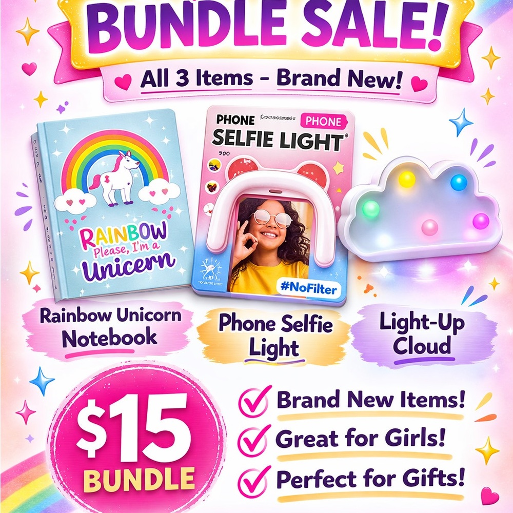 Rainbow Unicorn Notebook, Phone Selfie Light, and Light-Up Cloud Bundle